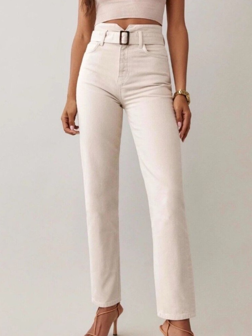 Reformation Women’s Cynthia Belted High Rise Straight Jeans Bone Size 28x29